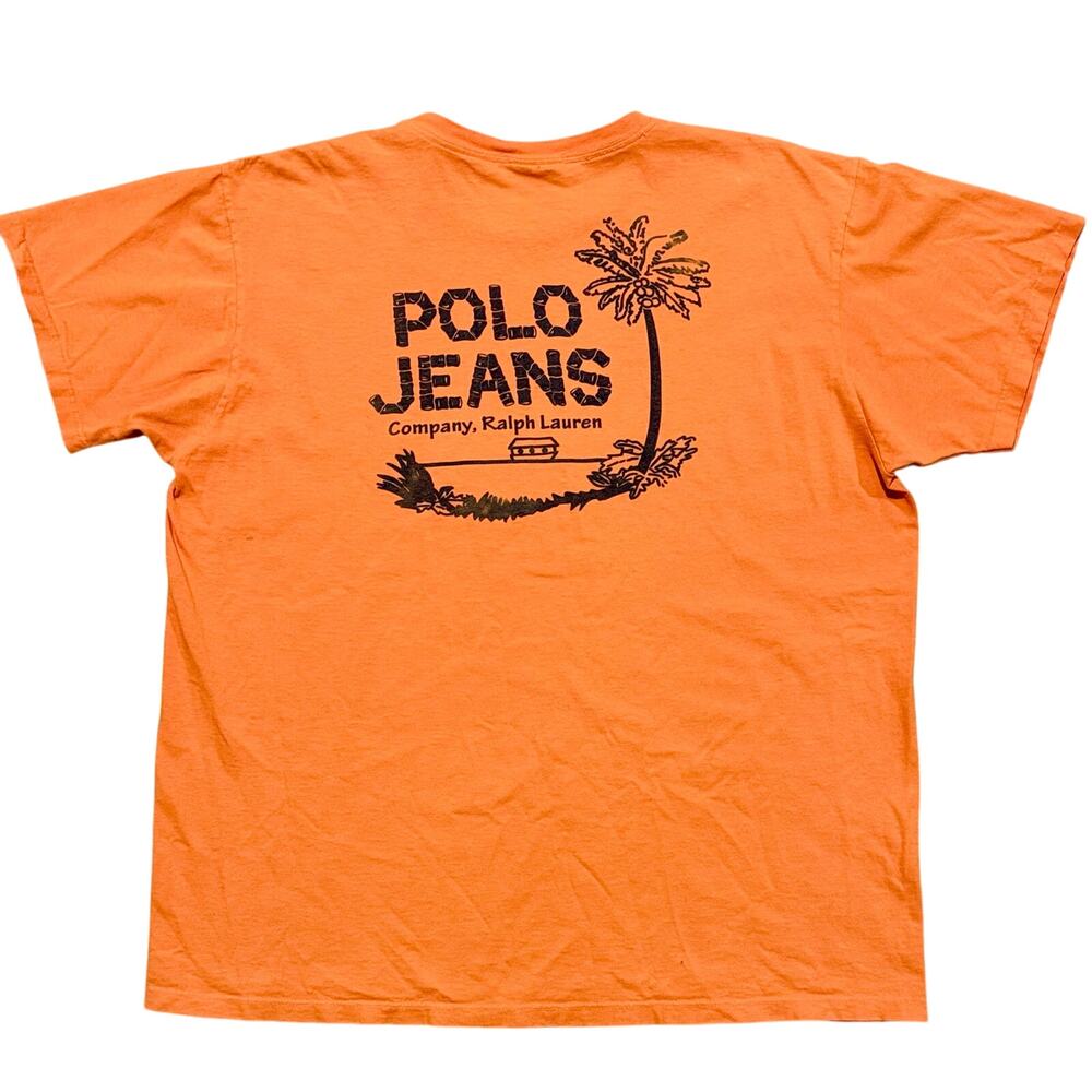 Ralph Lauren Polo Jeans Mens Vtg T-Shirt XL Orange Tropical Beach Graphic Print